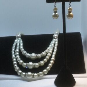 Elegant Faux Pearl & Rhinestone Necklace and Earring Set